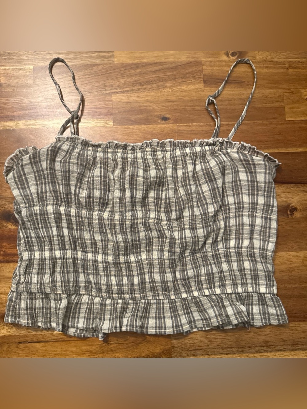 100% Cotton stradivarius Brown and Cream Plaid Smocked Spaghetti Strap Tank